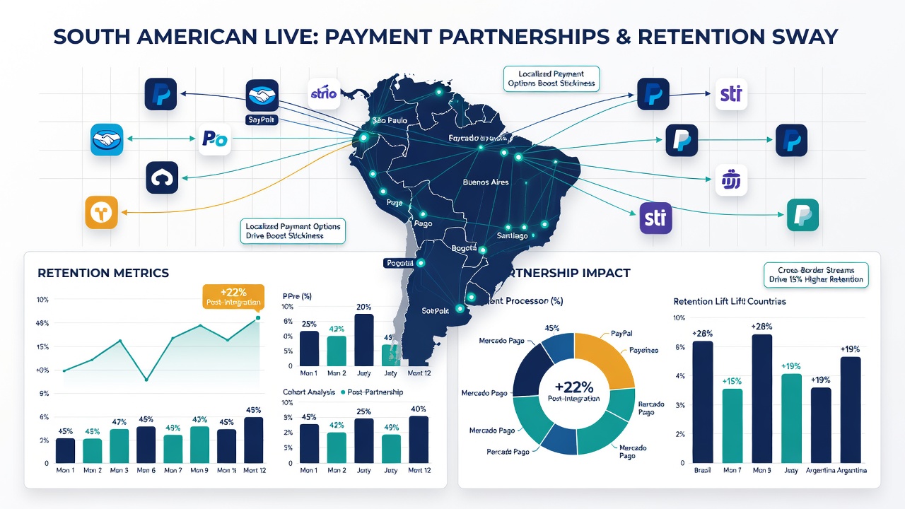 Analytics chart mapping payment processor uptime against live dealer retention rates in South American markets