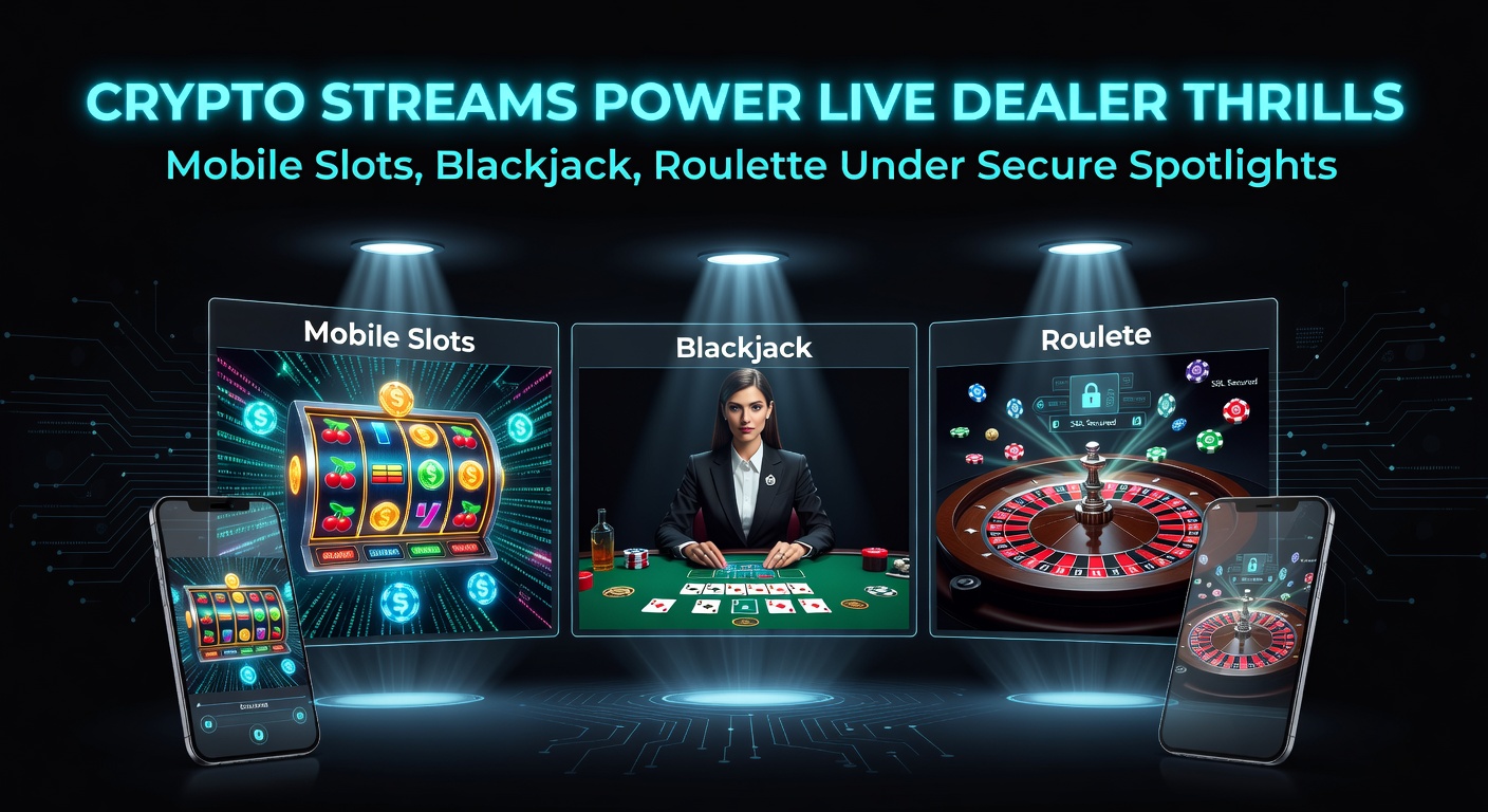 Dynamic live dealer table with cryptocurrency payment icons glowing on a mobile screen, roulette wheel spinning under studio lights
