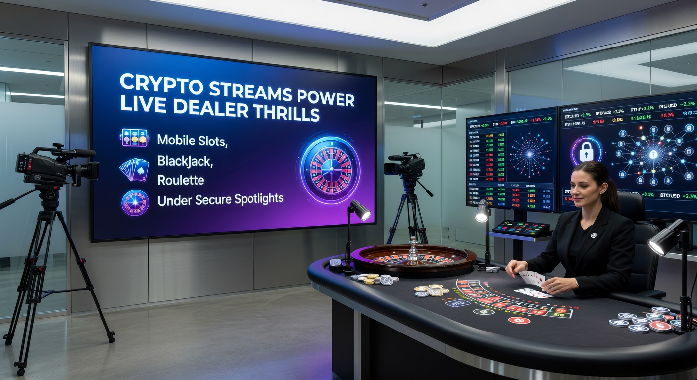 Close-up of a blackjack table in a brightly lit studio, dealer dealing cards as crypto transaction notifications overlay the mobile interface