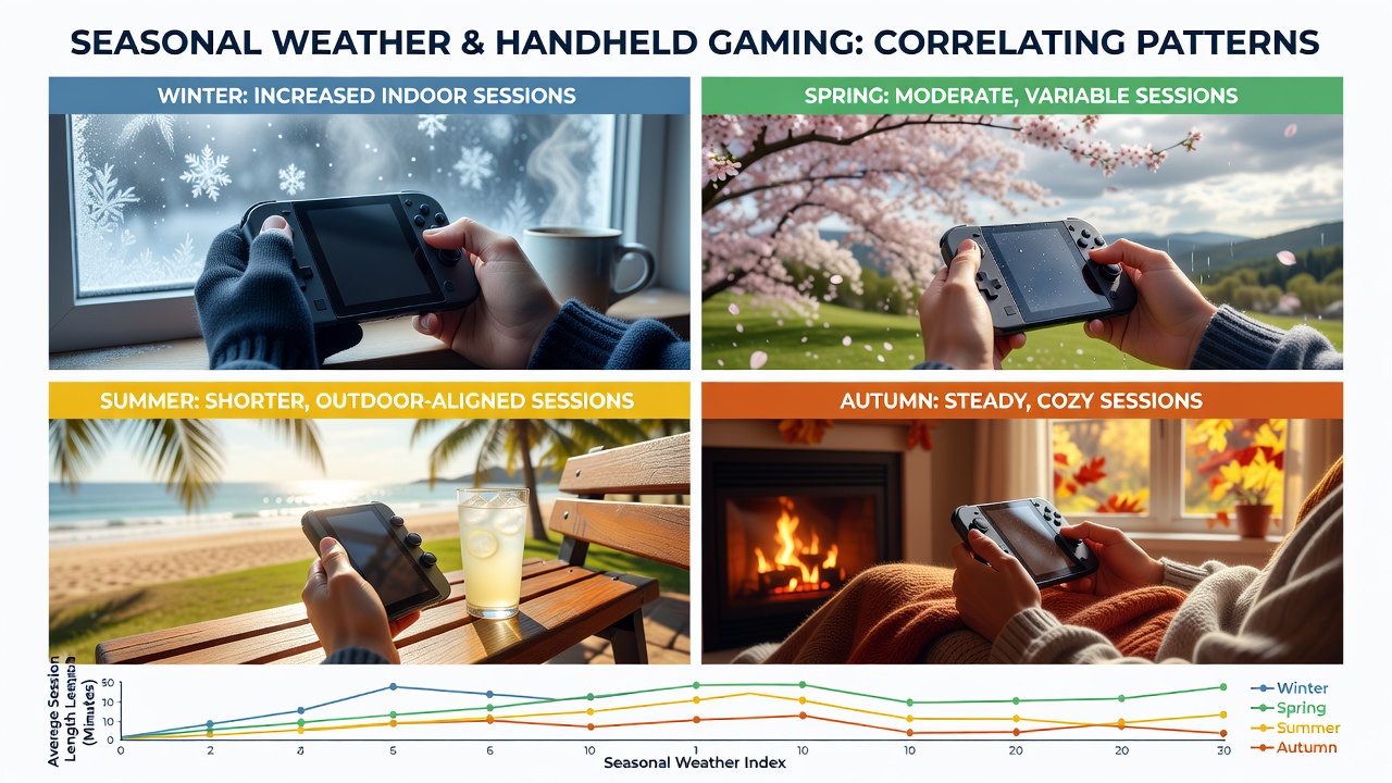 Mobile screen showing seasonal analytics graphs overlaid on reel and roulette game interfaces with weather icons