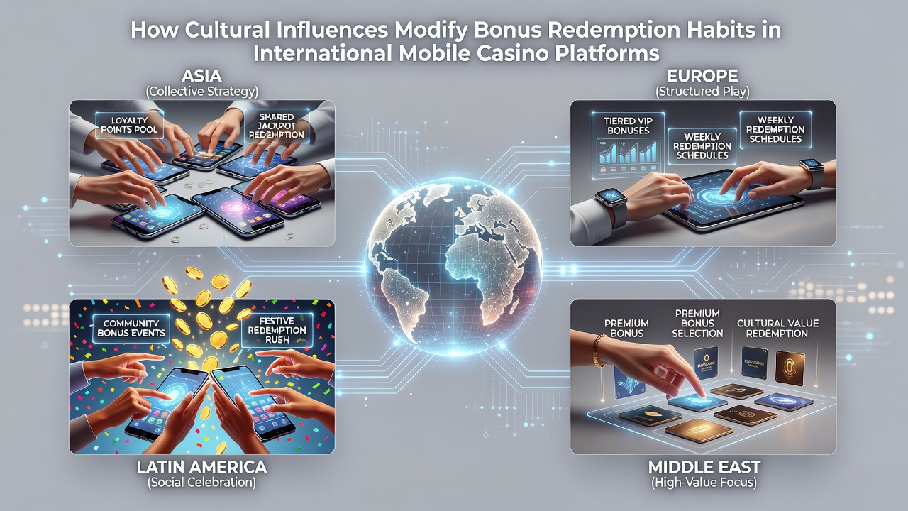 Mobile casino interface displaying bonus redemption options across different cultural themes