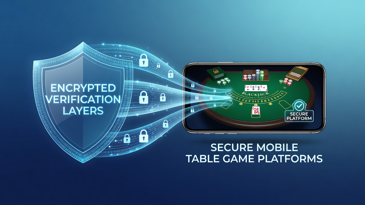 Encrypted verification process on a mobile table game interface showing secure login layers