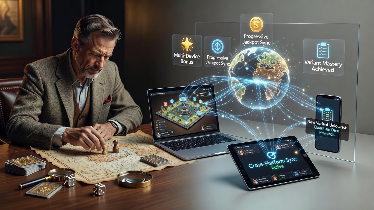 Cross-device synchronization interface showing seamless transition between mobile and desktop table game sessions