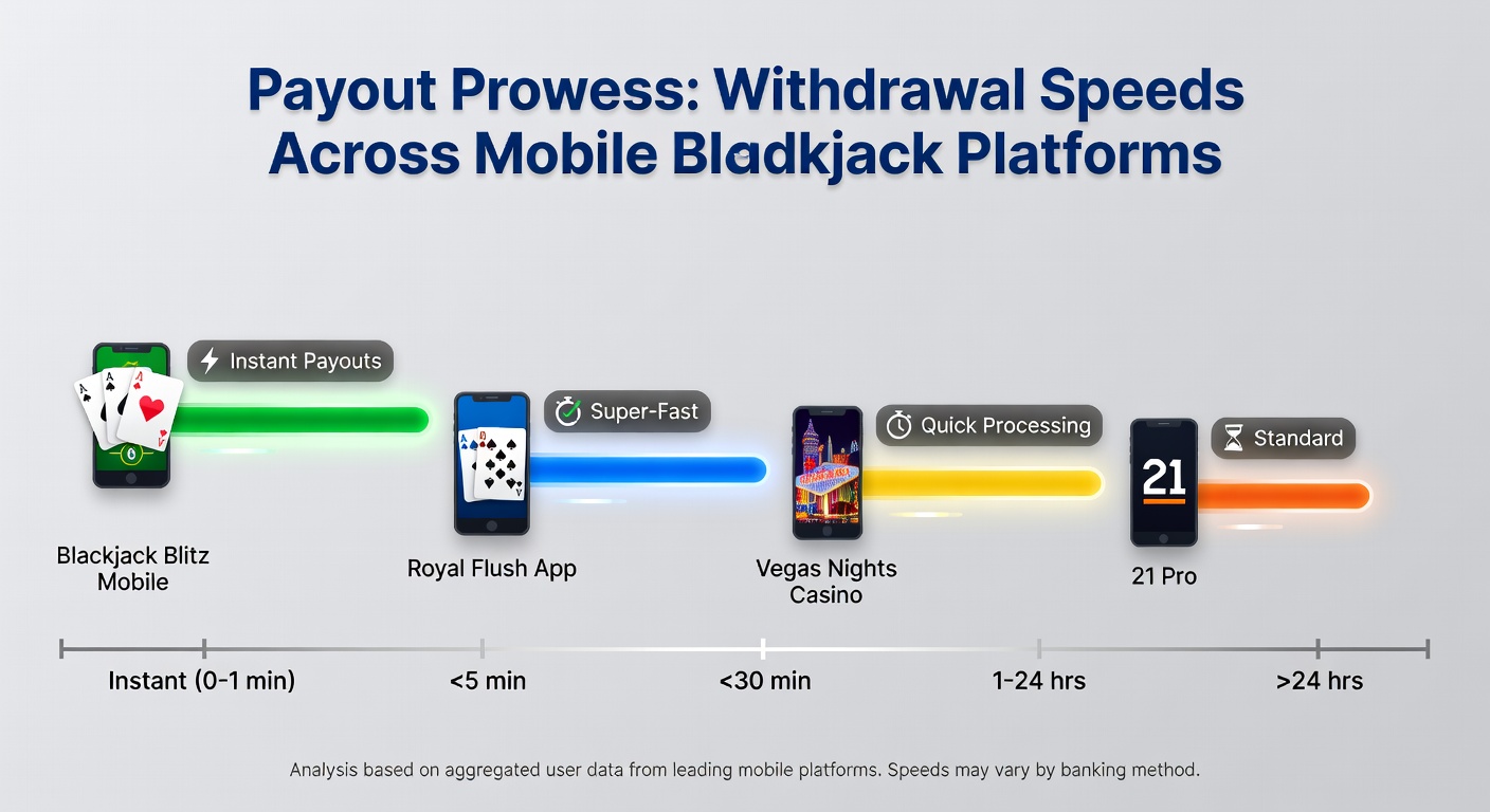 Infographic comparing withdrawal clocks for major mobile blackjack platforms, bars showing times from minutes to days across crypto, e-wallets, and bank transfers