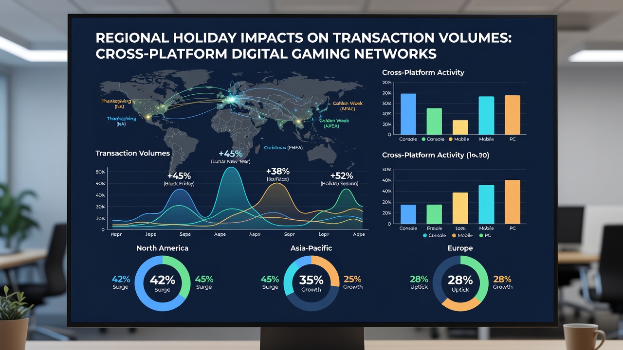 Live gaming transaction interfaces displaying volume changes across holiday periods