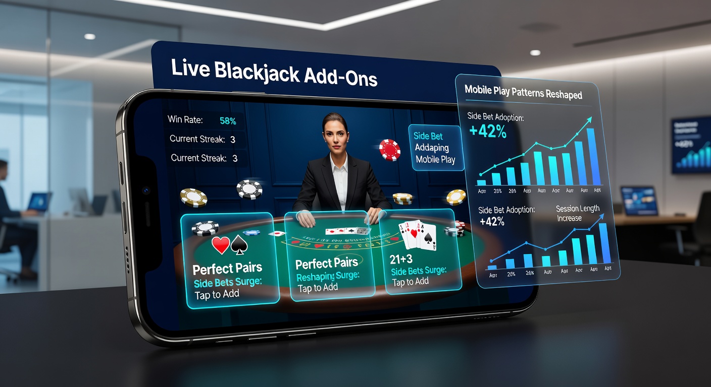 Graph illustrating the growth in side bet usage on mobile blackjack platforms from 2024 to April 2026, with bars showing session length increases