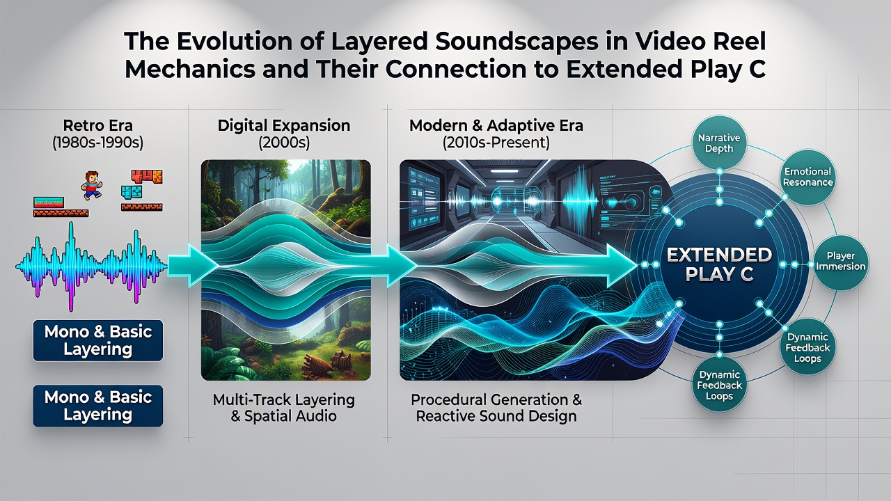 Modern layered audio channels mapped to video reel outcomes and session extension metrics