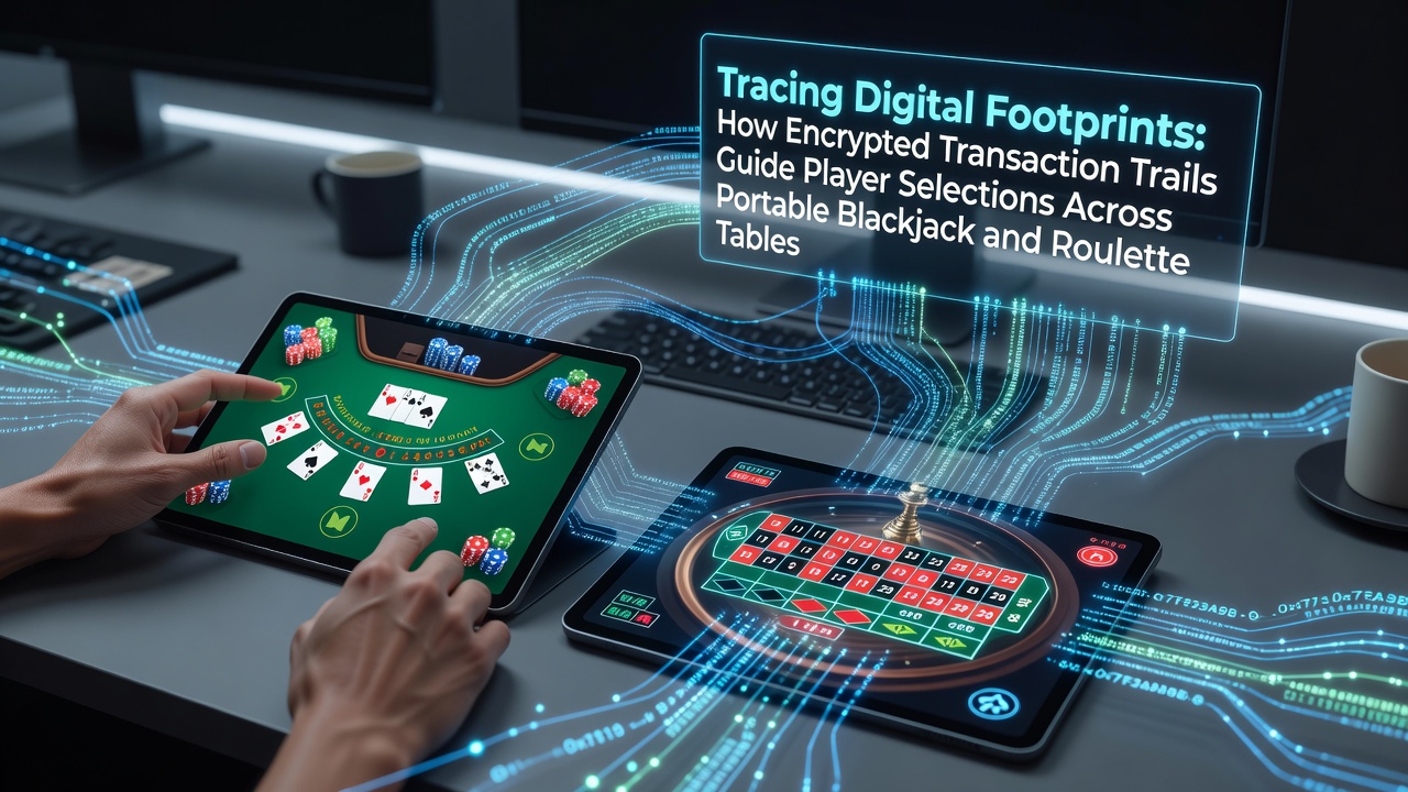 Encrypted transaction data flowing through mobile blackjack and roulette interfaces on portable devices