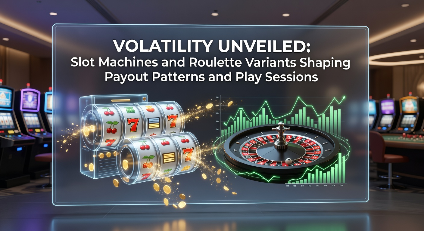 Vibrant slot machine reels spinning with colorful symbols and jackpot lights flashing, illustrating high-volatility action in a bustling casino floor
