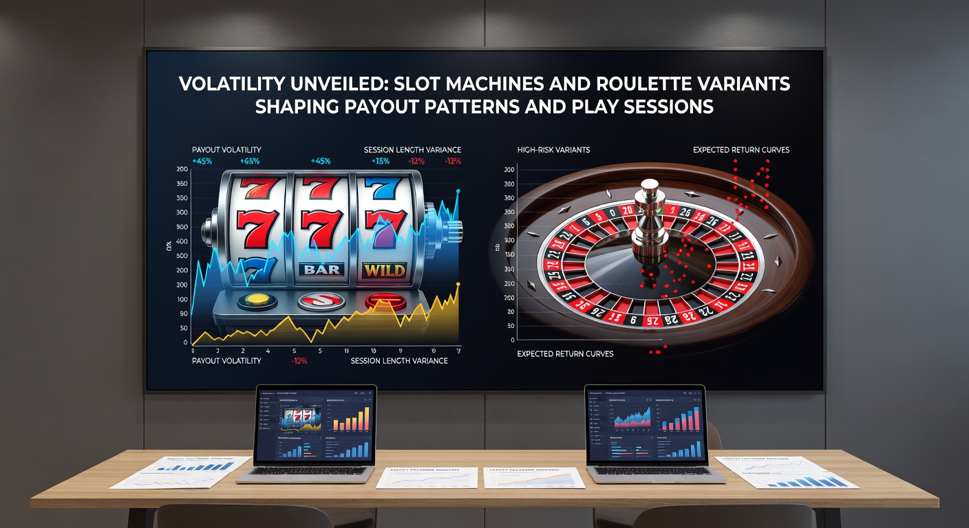 Dynamic roulette table with a spinning wheel under dramatic lights, European single-zero layout surrounded by betting chips and eager players, capturing variant-specific volatility in action